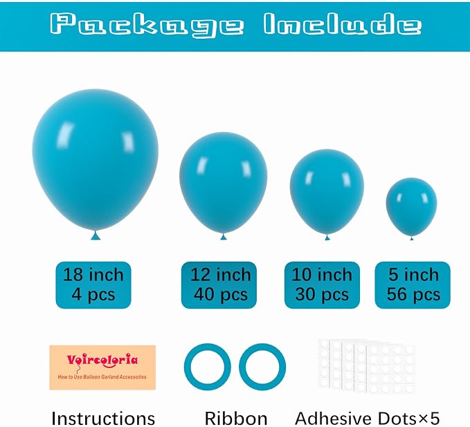 Voircoloria 130pcs Peacock Blue Balloons Different Sizes 18" 12" 10" 5" Teal Blue Latex Balloon Garland Arch Kit for Birthday Baby Shower Graduation Wedding Gender Reveal Anniversary Party Decorations
