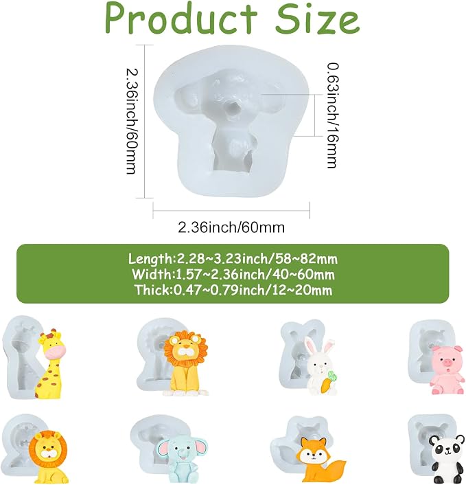 Ipotkitt White Animal Theme Silicone Molds Lion Rabbit Panda Pig Elephant Shape Molds for Chocolate Jelly Ice Candy Cake Crafts, 8pcs 8 Styles