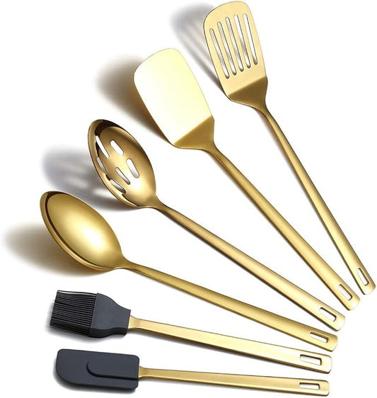 Gold Cooking Spoons, Berglander 6 Pieces Spatula Set Stainless Steel, Metal Spatula, Serving Spoon, Kitchen Tools Set Non-Stick And Heat Resistant, Dishwasher Safe, Easy to Clean (6 Packs)