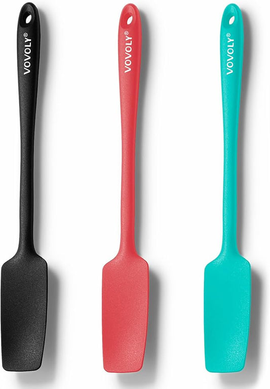 VOVOLY Silicone Jar Spatulas, Long Handle Jar Spatulas, 600ºF Heat Resistant Small Spatula, Seamless Design, Stainless Steel Core, BPA Free Spoonula (3, Mixed)