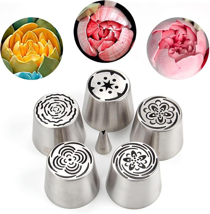 7 Pieces Stainless Steel Extra Large Russian Tulip Icing Tips Set, 5 XXL Russian Flower Piping Nozzles,1 Cleaning Brush,1 Small Leaf Tip for Cake Decorations,Flower Frosting Nozzles for Decorating