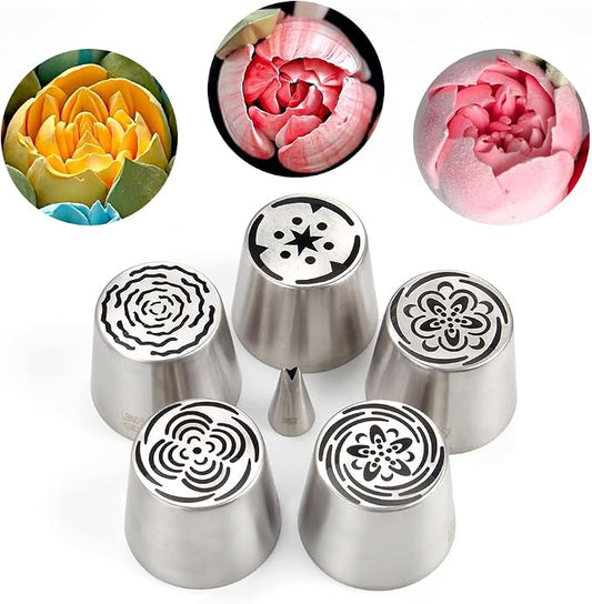7 Pieces Stainless Steel Extra Large Russian Tulip Icing Tips Set, 5 XXL Russian Flower Piping Nozzles,1 Cleaning Brush,1 Small Leaf Tip for Cake Decorations,Flower Frosting Nozzles for Decorating