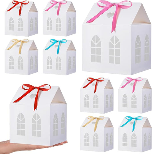 Engrowtic 25 Sets Medium House Shaped Gift Boxes with Ribbons House Shaped Paper Bakery Packaging Candy Box for Treats Real Estate Agent Gift Christmas Gingerbread Wedding Birthday Bridal Shower