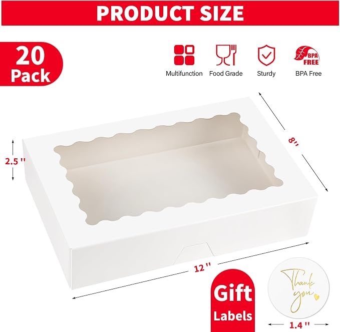 Ocmoiy 20 Pack Bakery Boxes, 12x8x2.5 Inch Cookie Boxes with Window, Auto-Popup Treat Box for Chocolate Covered Strawberries, Pastries, Donuts, Muffins, Breakable Hearts