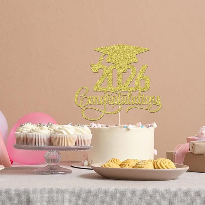 Gold Glitter 2026 Congratulations Graduation Cake Topper,Congrats Grad Cake Decor - 2026 High School/College/Senior Graduation Party Decorations Supplies (2026Congratulations gold)