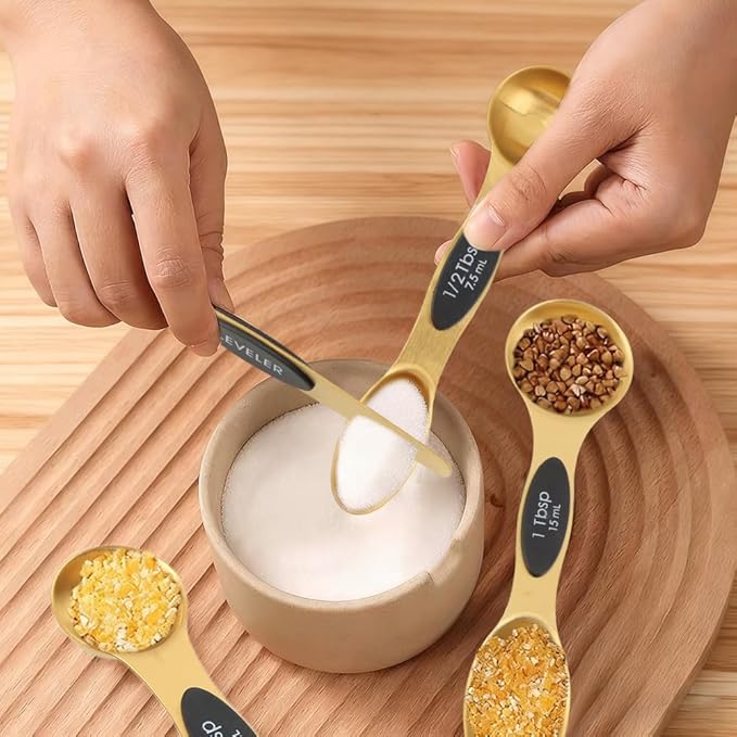 Gold Measuring Cups and Spoons Set, 13-Piece Stainless Steel, 4 Nesting Cups + 8 Double-Sided Measuring Spoons + Leveler, Engraved Sizes, Gold Finish for Cooking and Baking