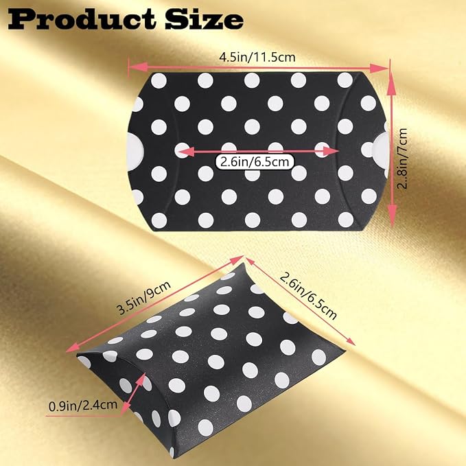 50 Pcs Kraft Paper Pillow Gift Boxes,3.5x2.6 Inch Mini Folding Treat Boxes, Creative Favor Box Folding Treat Boxes for Bakery, Candy, Jewelry, Wedding & Party Favors(Black dots)