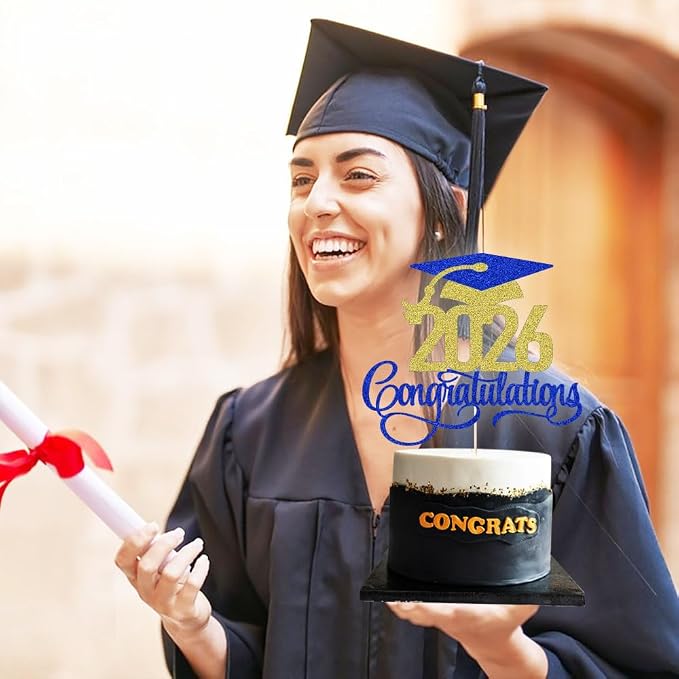 Dark blue gold 2026 Congratulations Graduation Cake Topper,Congrats Grad Cake Decor - 2026 High School/College/Senior Graduation Party Decorations Supplies