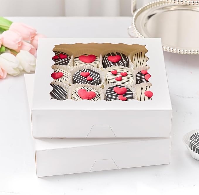 Kucoele Pie Boxes with Window, 10 x 10 x 2.5 Inches, 20 PCS, White | Auto-Popup, Bakery Boxes, Cookie Boxes, Treat Boxes, For Chocolate Strawberries, Pastries, Muffins, Donuts