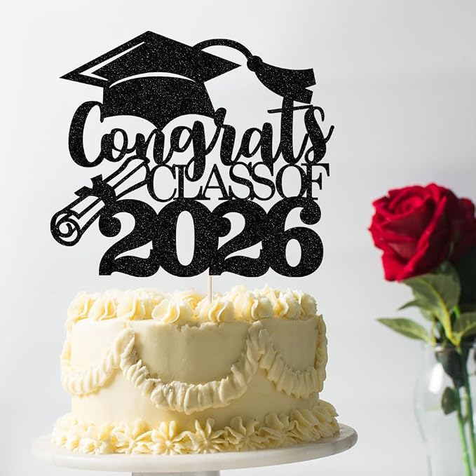 Congrats Class Of 2026 Cake Topper, Glitter Graduation Party Supplies - High School College Graduates -College Graduate Cake Topper Decorations Supplies(Congrats Class Of 2026 black)