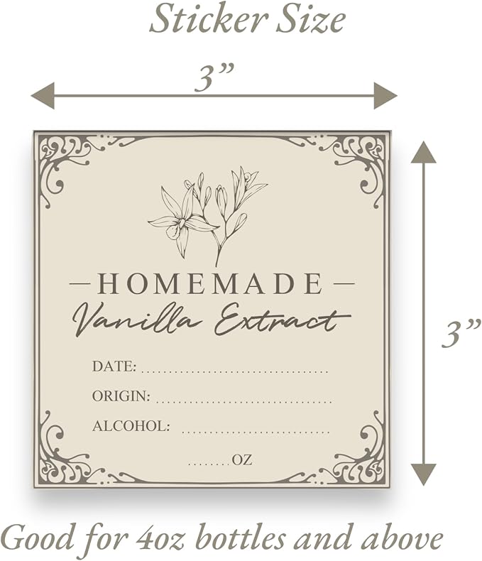 3 * 3 inch Vanilla Extract Labels - 12Pcs Square Homemade Vanilla Extract Stickers, Holiday Gift Stickers for Handcrafted Vanilla Bottles Tags, Fits 2oz, 4oz, 8oz or 16oz Bottles (3x3, 12, Count)