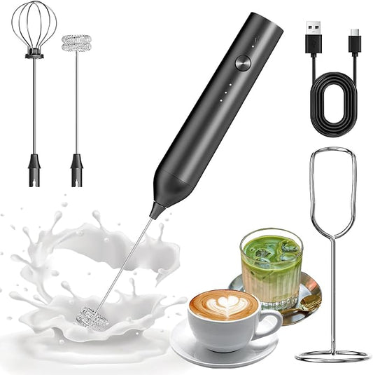 Milk Frother Handheld Rechargeable, Hand Frother with Stand, Drink Mixer Frother Wand Electric Whisk Stirrer for Coffee, Latte, Matcha, Cappuccino, Hot Chocolate, Kitchen Gifts - Black