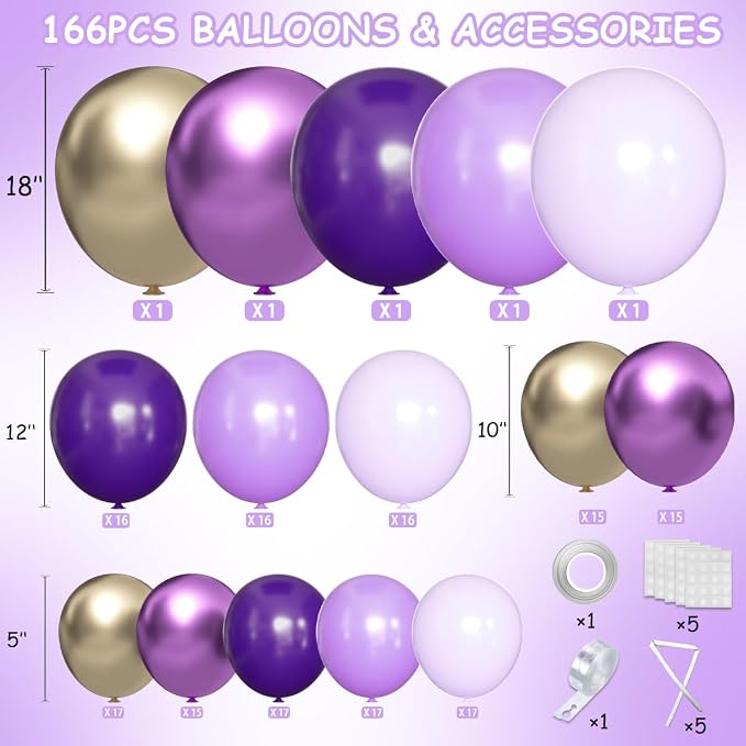 MEBAY Purple and Gold Balloons Arch Kit, 166Pcs Dark Purple Metallic Lavender Lilac Violet Gold Chrome Balloons for Baby Shower Girl Princess Party Wedding Decorations