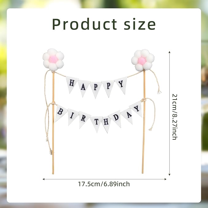 Happy Birthday Flag Banner Cake Topper, Handmade Ivory Cotton Pennant & Flower Flags with Wooden Poles Party Decorations for Cakes & Cupcakes