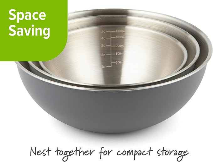3 Piece Stainless Steel Mixing Bowls Set - Nested Kitchen Prep Bowls with Measurement Markings, 1.5 Qt, 2.3 Qt, 3.3 Qt, Dishwasher Safe
