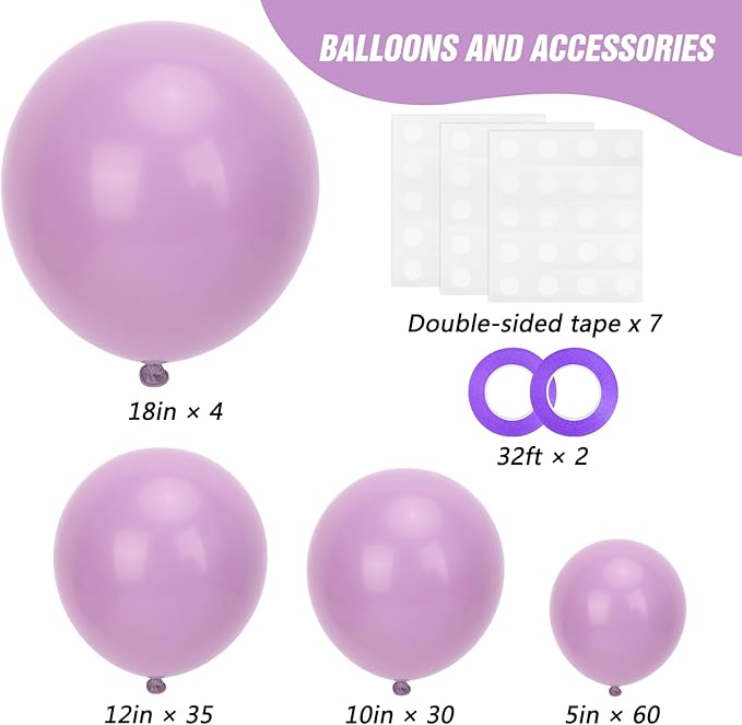 RUBFAC Dusty Purple Balloons 129pcs Different Sizes Pack of 18 12 10 5 Inch, Latex Light Lavender Lilac Purple Balloon Garland Arch Kit for Wedding Baby Shower Gender Reveal Birthday Party