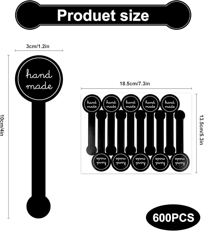 600Pcs Handmade Food Baking Seal Stickers Labels,Black Long Label Bakery Sticker,Self-Adhesive Goods Bakery Stickers Sealing Tamper-Proof Sticker for Pastry Bags Lollipops Candy Cake
