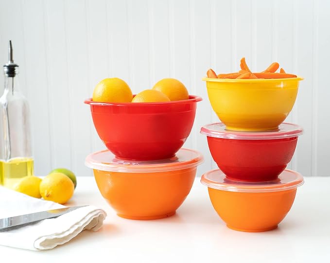 Stephanie Imports Made in USA 6-Piece Set of Prep & Store Plastic Bowls with Clear Lids (BPA-Free and Dishwasher Safe) - Orange, Red and Yellow