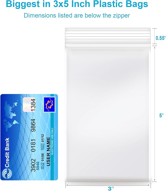 3''x 5'', (Pack of 100) 2 mil Thick Clear Plastic Reclosable Zip Poly Bags with Resealable Lock Seal Zipper for Photo, Jewelry, Bakery, Treats, Travel, Storage, Packaging & Shipping