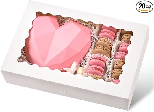 Ocmoiy 20 Pack Bakery Boxes, 12x8x2.5 Inch Cookie Boxes with Window, Auto-Popup Treat Box for Chocolate Covered Strawberries, Pastries, Donuts, Muffins, Breakable Hearts