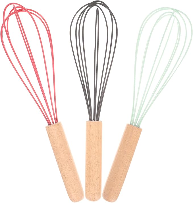 3Pcs Manual Egg Whisks with Beech Handles Food-grade Silicone Coated Mixing Tools for Baking Cooking Kitchen Use Non-scratch Egg Whisk in Black Red Green