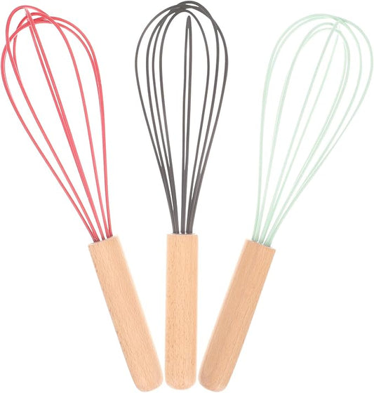 3Pcs Manual Egg Whisks with Beech Handles Food-grade Silicone Coated Mixing Tools for Baking Cooking Kitchen Use Non-scratch Egg Whisk in Black Red Green