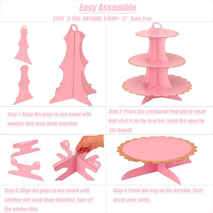 MRPAPA Pink Cupcake & Cake Stand Tray, 3-Tiered Cardboard Cupcake Stand, Easy Assemble Dessert Stand Holder for Party , Girls Baby Shower