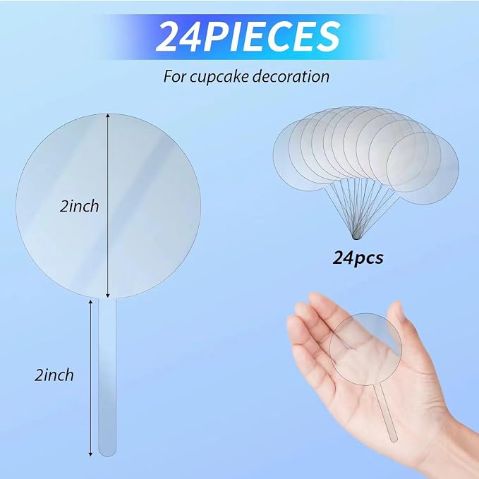 24 Pcs 2 Inch Clear Blank Acrylic Cupcake Toppers Round DIY Custom Cupcake Topper，Personalized Cupcake Topper Sticks for Birthday Party Baby Shower Wedding Party Decoration