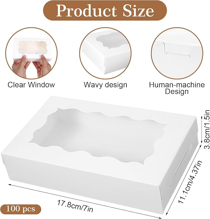 100 Pack White Bakery Boxes with Window 7x4.33x1.5 Inch Paper Treat Boxes for Cookies Macarons Chocolate Truffles Brownies Donuts Christmas Valentine Easter Party Favors