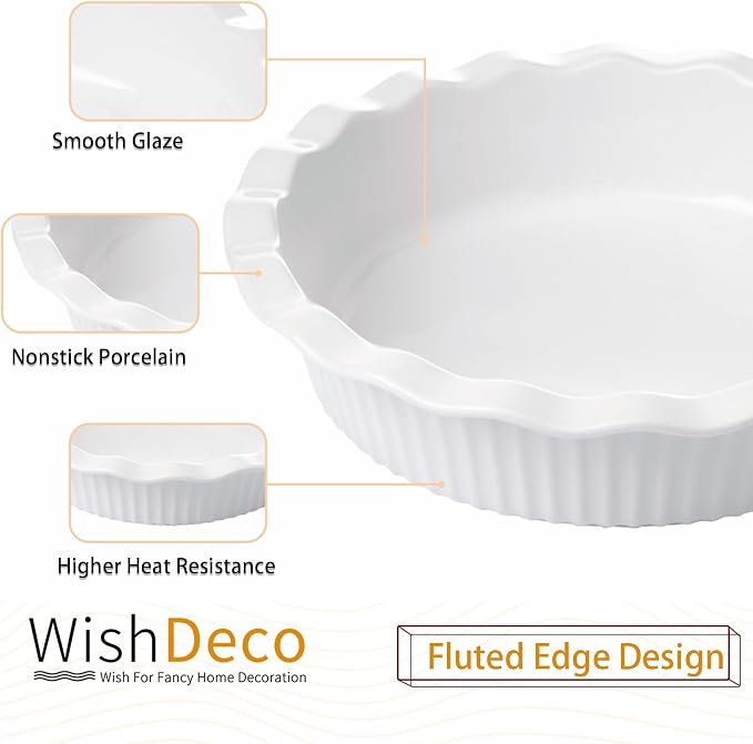 WishDeco Pie Pan for Baking Set of 2, Ceramic Baking Pan 9 inch, Deep Round Pie Dish 50 oz, Pie Plate with Fluted Rim, Porcelain Baking Dish for Apple Pie, Quiche, Tart, Cake Oven & Microwave Safe