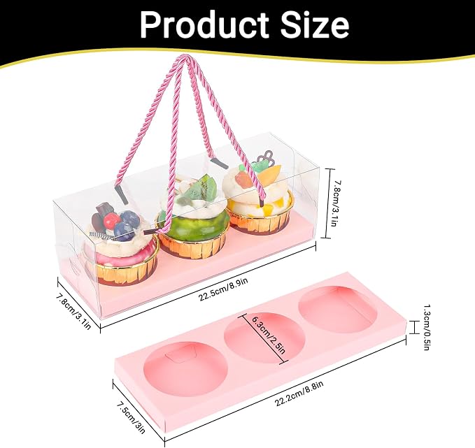 EUSOAR Pink Cupcake Boxes, 10 Pcs 9"x3"x3" Portable 3 Compartments Muffins Cupcake Containers Pastry Gift Holder, Rectangular Clear Disposable Cake Carriers Display for Wedding Party Gifts Bakery