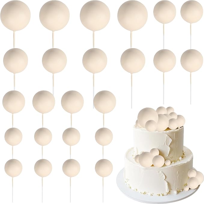 24 PCS Ball Cupcake Toppers Balls Cake Toppes Foam Balls Cupcake Picks DIY Mini Balloon Cake Inset Topper for Baby Shower Birthday Favor Wedding Anniversary Party Cake Decorations Supplies Khaki
