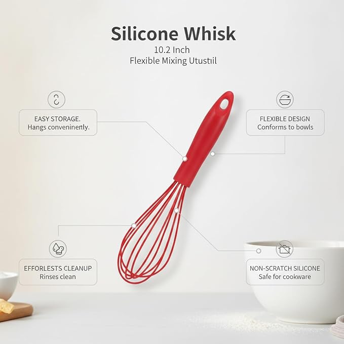 Curved Silicone Whisk, 10.2-Inch Flexible Mixing Tool for Batters and Eggs, Red