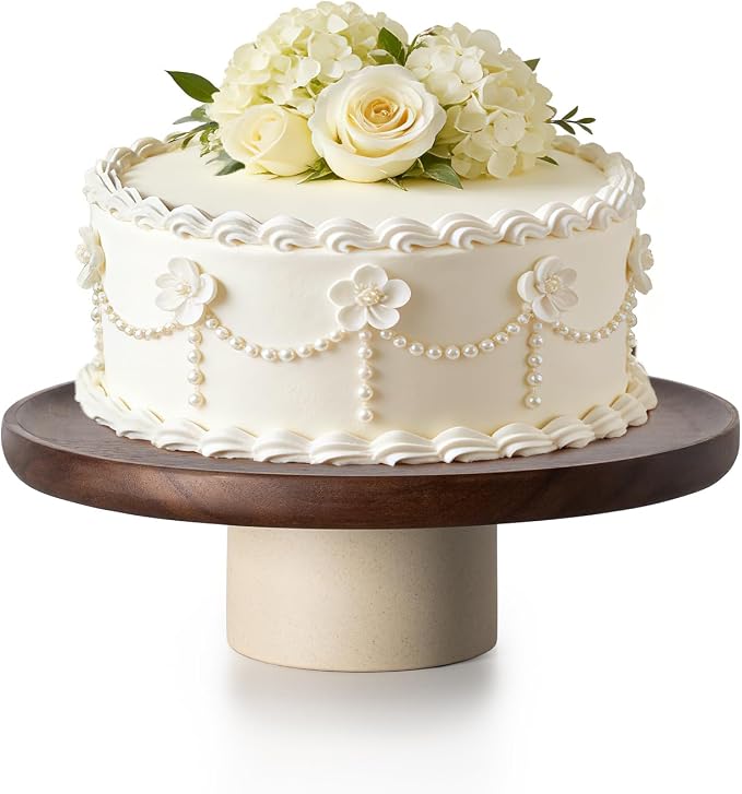 CEEFU 11 inch Rustic Acacia Wood Cake Stand - Natural Wooden Clay Wedding Cake Pedestal Serving Stand for Cupcake Dessert Bites Display in Party, Birthday, Beautiful Farmhouse Kitchen Decor