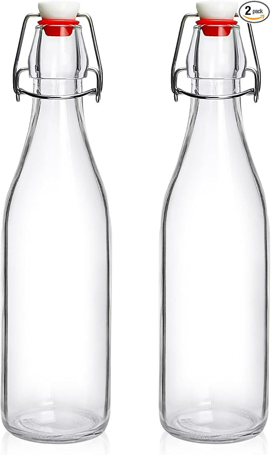 2 Pack Swing Top Glass Bottles 16oz, Flip Top Glass Bottle with Airtight Lid for Fermentation, Kombucha, Mead, Vanilla Extract, Coquito, Vinegar, Beer, Kefir, Wine, Soda, Juice, Oil for Home Brewing