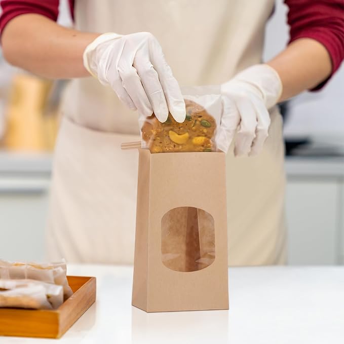 Eupako 3.54x2.36x6.7 Bakery Bags with Window 50 PCS Brown Tin Tie Tab Lock Bags Kraft Paper Bags for Cookies, Coffee, Included 50 PCS Handmade Stickers