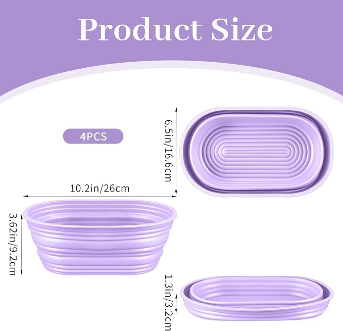 MAQUITA 4-Pack Oval Silicone Bread Proofing Basket, 10-Inch Sourdough Proofing Basket Set (Purple)