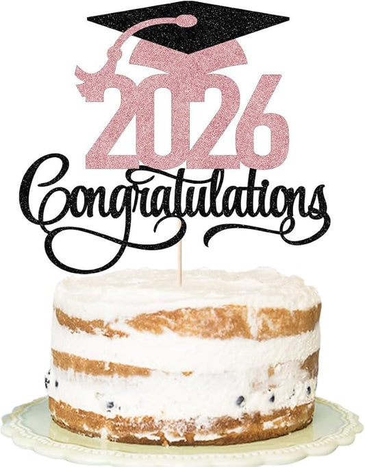 Black rose gold Glitter 2026 Congratulations Graduation Cake Topper,Congrats Grad Cake Decor - 2026 High School/College/Senior Graduation Party Decorations Supplies