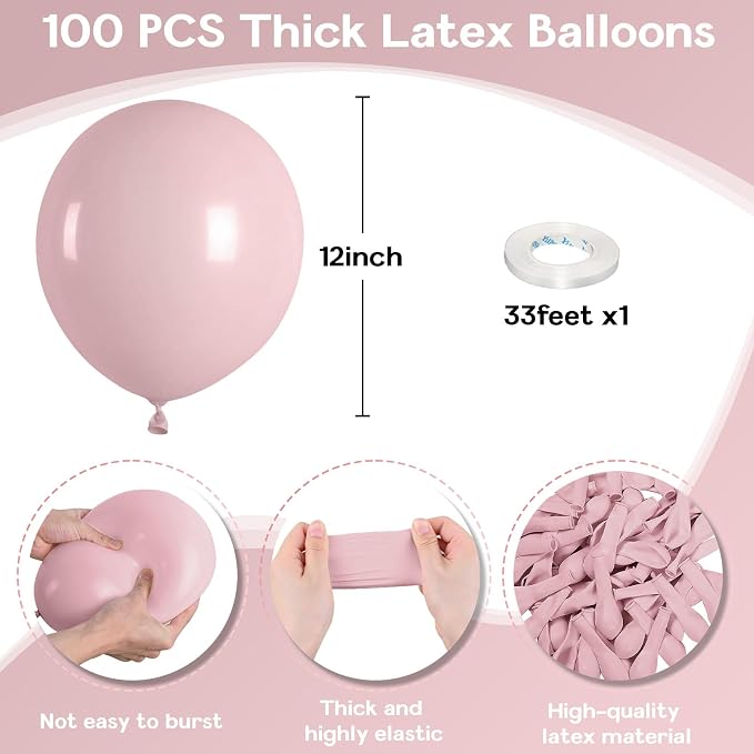 Jobkoo Boho Blush Pink Balloons - 12 Inch, 100 Pack Retro Vintage Latex Helium Balloons for Girl Baby Shower Anniversary Wedding Birthday Party Decor