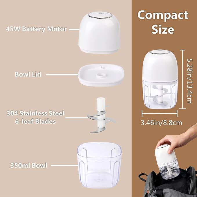 Wireless Food Chopper Mini, 350ml Cordless Food Processor, 1.4Cup Garlic Onion Chopper, Battery USB-C Rechargeable Electric Processor, Veggie Meat Blender, Small Kitchen Appliance Portable Mixer,White