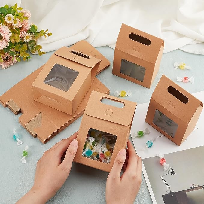 PH PandaHall 24pcs Goodies Boxes Small Gift Boxes Gable Candy Treat Box Kraft Paper Box with Clear Windows for Bread Donuts Cookie Chocolate Birthday Wedding Valentine (2.3x3.9x3.7 inch)