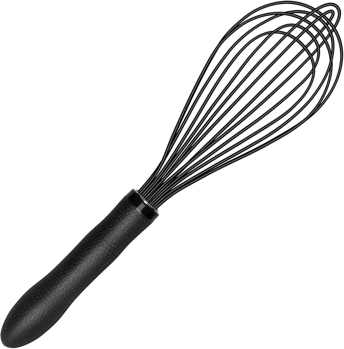 TEEVEA Silicone Whisk 11 Inch, Nonstick Heat Resistant for Cooking Baking | Black, food grade, dishwasher safe, stainless steel core, non-scratch, balloon shape, handheld, kitchen egg & batter mixing