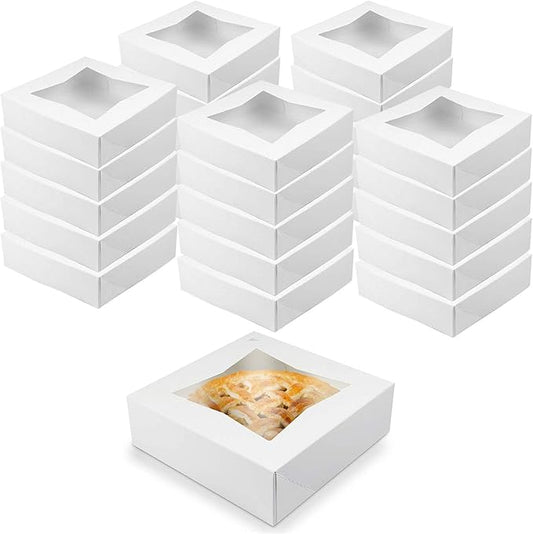 O’Creme White Bakery Boxes with Window 9x9x2.5 in, 25 Pack, Display Pies, Pastries, Cupcakes and Cookies | Paperboard White Kraft Auto-Popup Window Cake Boxes, Pie Pastry Container Carrier