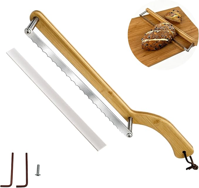 Bread Knife for Homemade Bread Sourdough, Left or Right Handed | Ergonomic Bamboo Handle, Stainless Steel Serrated Sourdough Slicer, Adjustable Loaf Cutter with Measurement Marks