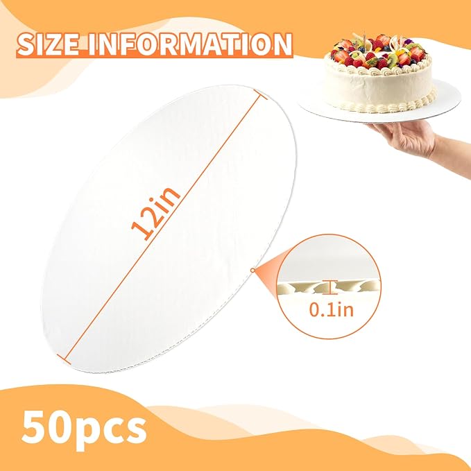 HORLIMER 50 Pack Cake Boards 12 Inch Round, Food-Grade Circle Cardboard Cake Drums Base, White Cake Plates for Birthday, Party, Wedding Display