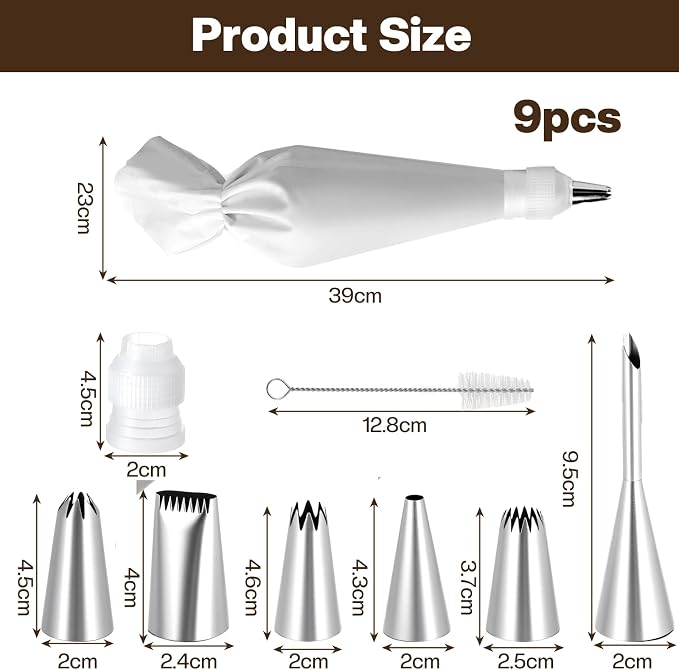 JJUNW 9cs Reusable Piping Bags and Tips Set, Pastry Bags for Cake Decorating, Frosting Icing Tips Drop Flower Piping Tip for Cake Decorating, Baking Supplies