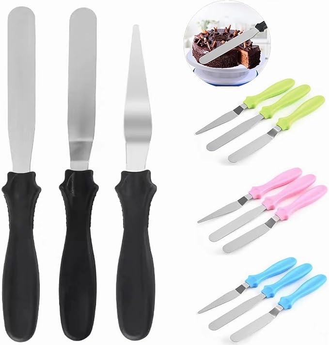 Cake Cream Spatulas, 3 Pieces of Cake Angled Spatula with Stainless Steel, Professional Cake Decorating, Pastry & Baking, Icing Frosting Cream Chocolate Cake Spatula (3 Pcs Black)