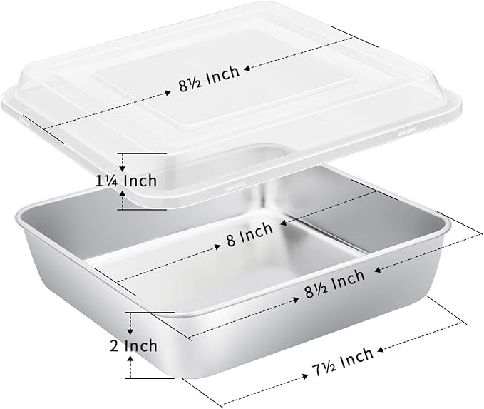 E-far 8 x 8-Inch Square Baking Pan with Lid, Stainless Steel Square Cake Brownie Pan, Fit for Toaster Oven, Non-toxic & Healthy, Easy Storage & Dishwasher Safe - 2 Pieces