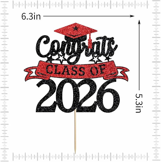 Glitter Class of 2026 Cake Topper，Congrats Grad Decorations， 2026 Happy Graduation High School/College/University Graduation Party Supplies Black and Red