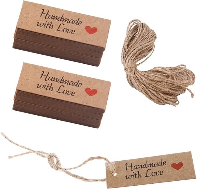 200 Pieces Handmade with Love Tags Handmade Tags Kraft Paper Handmade with Love Tags with 65.6 Feet Natural Jute Strings Brown